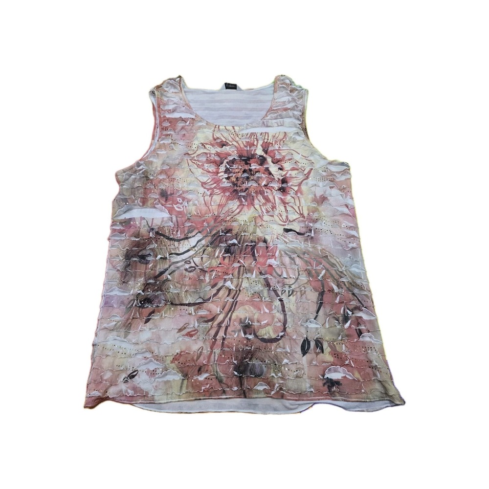 CJ Banks Women's Plus Size 1X Sleeveless Ruffle Tiered Floral Tank Top Pink Gold